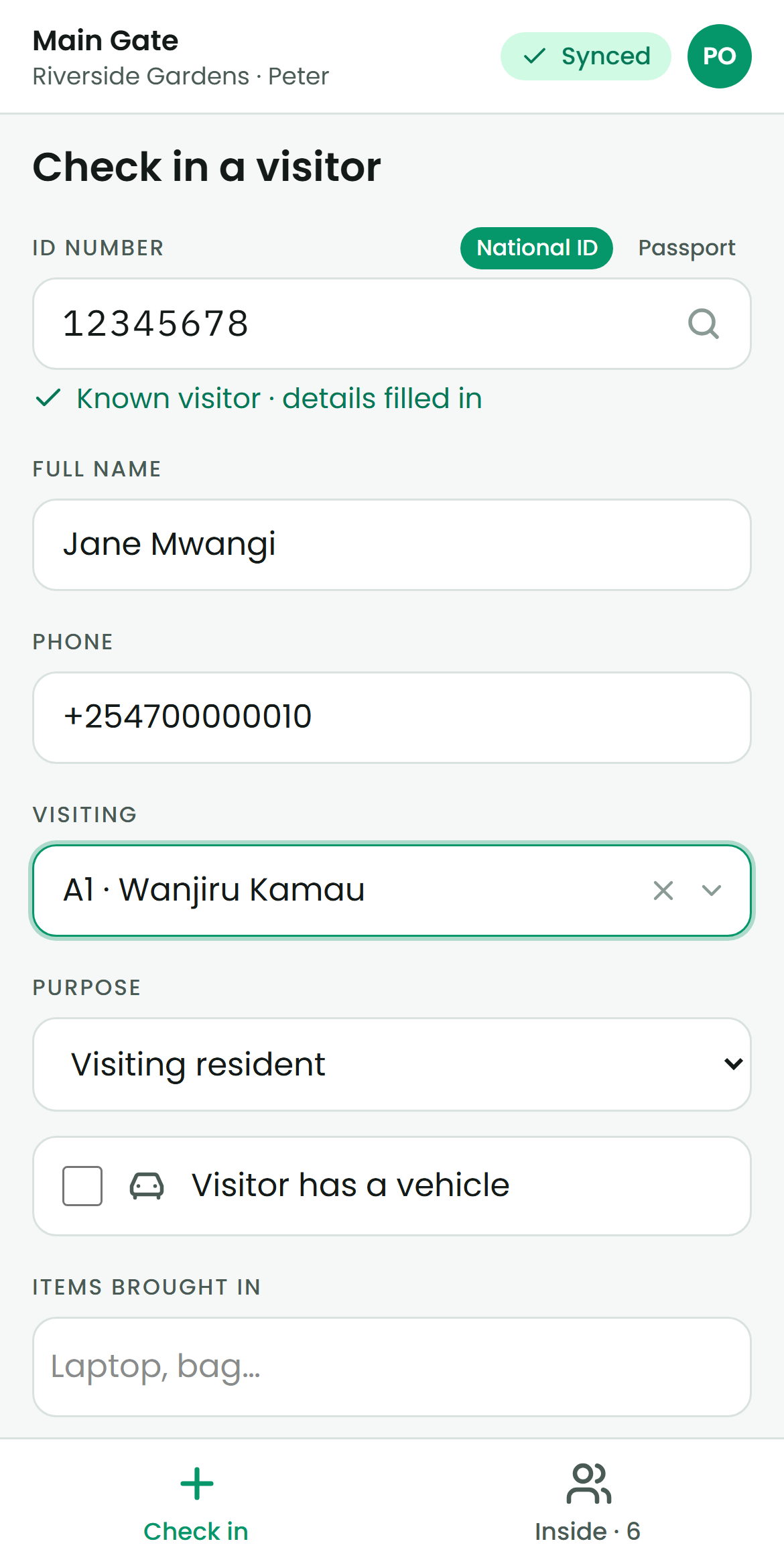 ScannedGate guard app on a phone, checking in a known visitor